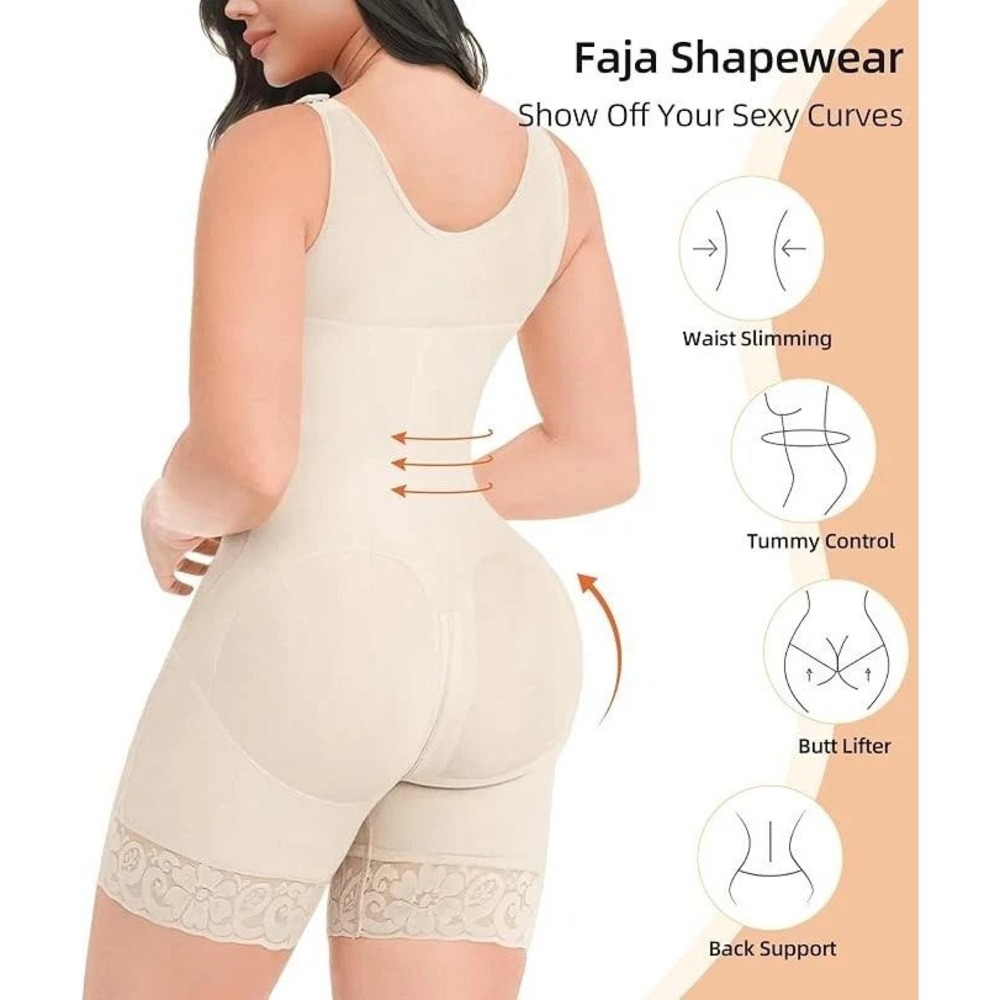 Yianna Women Beige Full Body Shapewear Faja Bodysuit Zipper Open Crotch Lace 2XL